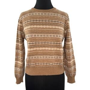 Vintage Sisley Italy Beige Brown Sweater Fair Isle Crew Neck Pullover S Small